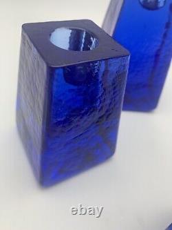 FIRE & LIGHT Recycled Art Glass Cobalt Blue Candle Holders Signed Set of 3