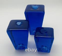 FIRE & LIGHT Recycled Art Glass Cobalt Blue Candle Holders Signed Set of 3