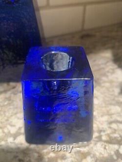 FIRE & LIGHT Recycled Art Glass Cobalt Blue Candle Holders Signed Set of 3