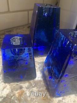 FIRE & LIGHT Recycled Art Glass Cobalt Blue Candle Holders Signed Set of 3