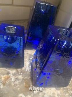 FIRE & LIGHT Recycled Art Glass Cobalt Blue Candle Holders Signed Set of 3