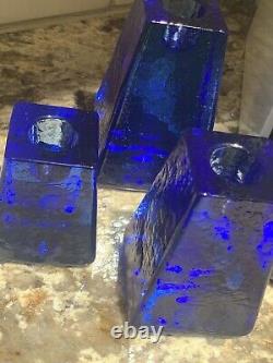 FIRE & LIGHT Recycled Art Glass Cobalt Blue Candle Holders Signed Set of 3