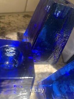 FIRE & LIGHT Recycled Art Glass Cobalt Blue Candle Holders Signed Set of 3
