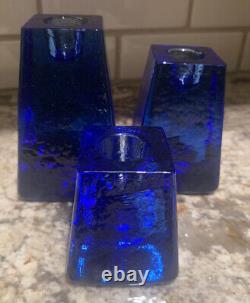 FIRE & LIGHT Recycled Art Glass Cobalt Blue Candle Holders Signed Set of 3