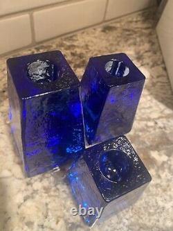 FIRE & LIGHT Recycled Art Glass Cobalt Blue Candle Holders Signed Set of 3