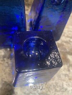 FIRE & LIGHT Recycled Art Glass Cobalt Blue Candle Holders Signed Set of 3