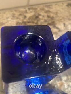 FIRE & LIGHT Recycled Art Glass Cobalt Blue Candle Holders Signed Set of 3