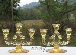 FOSTORIA YELLOWithTOPAZ ELEGANT GLASS (3) LITE PAIR of CANDLE HOLDERS