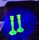 Fenton 2 Uranium Glass Irridecent Green Candle Holders 11 Vintage Colonial