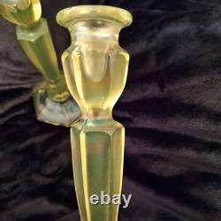Fenton 2 Uranium Glass Irridecent Green Candle Holders 11 Vintage Colonial