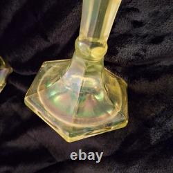 Fenton 2 Uranium Glass Irridecent Green Candle Holders 11 Vintage Colonial