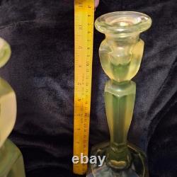 Fenton 2 Uranium Glass Irridecent Green Candle Holders 11 Vintage Colonial