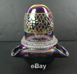 Fenton Amethyst Carnival Glass Gold Trim 3 Piece Fairy Lamp Signed D Cutshaw