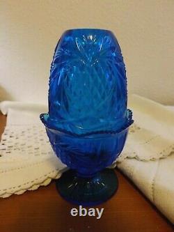 Fenton Art Glass Blue Pineapple Fairy Lamp Vintage Pre 1980 Candle Holder Votive