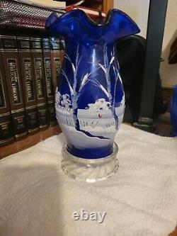 Fenton Art Glass Co Hand Painted Winter Scene Hurricane Candle WOW L@@K