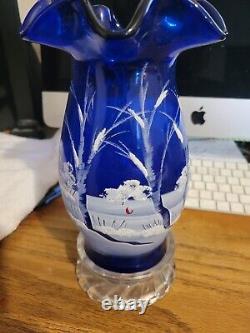 Fenton Art Glass Co Hand Painted Winter Scene Hurricane Candle WOW L@@K