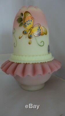 Fenton Art Glass HP Butterfly Pink Burmese Fairy Light Lamp 7610ST