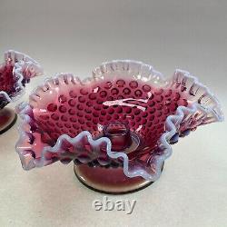 Fenton Art Glass Plum Opalescent Hobnail Candle Holders Bowls Pair Rare