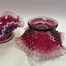 Fenton Art Glass Plum Opalescent Hobnail Candle Holders Bowls Pair Rare