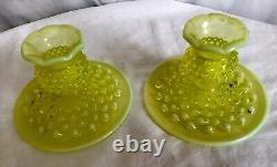 Fenton Art Glass Yellow Opalescent Hobnail Candlestick Holders Glows