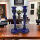 Fenton Candle Holders Appx 10.25 Cobalt Blue Glass Hexagon Base Unmarked Vintag