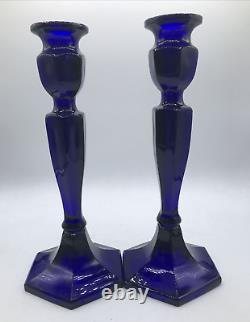 Fenton Candle Holders appx 10.25 COBALT BLUE Glass Hexagon Base Unmarked vintag