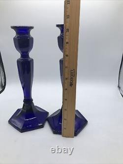 Fenton Candle Holders appx 10.25 COBALT BLUE Glass Hexagon Base Unmarked vintag