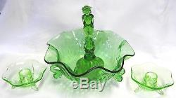 Fenton Emerald Green Nymph, Diamond Optic Dolphin Bowl, Six Petal Candle Holders