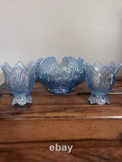 Fenton Iridescent Blue Art Glass Bowl And Candle Holders