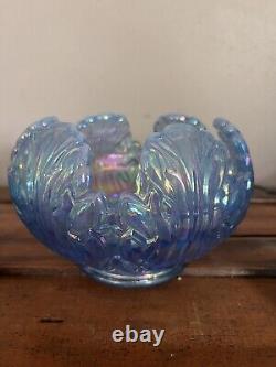 Fenton Iridescent Blue Art Glass Bowl And Candle Holders