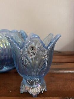 Fenton Iridescent Blue Art Glass Bowl And Candle Holders