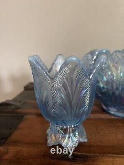 Fenton Iridescent Blue Art Glass Bowl And Candle Holders