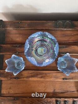 Fenton Iridescent Blue Art Glass Bowl And Candle Holders