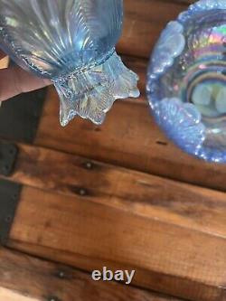 Fenton Iridescent Blue Art Glass Bowl And Candle Holders