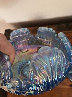 Fenton Iridescent Blue Art Glass Bowl And Candle Holders