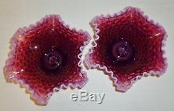 Fenton PLUM Opalescent Hobnail CONSOLE SET Footed Compote 2 Bowl Candle Holders