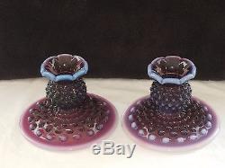 Fenton PLUM Opalescent Hobnail PAIR of CANDLE HOLDERS / CANDLE STICKS