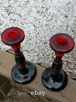 Fenton RARE 549 8 Candlesticks Bicolor Ruby & Black