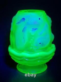 Fenton Topaz Opalescent Vaseline Atlantis Fairy Lamp Light Hand Painted Fish EUC