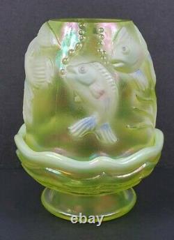 Fenton Topaz Opalescent Vaseline Atlantis Fairy Lamp Light Hand Painted Fish EUC
