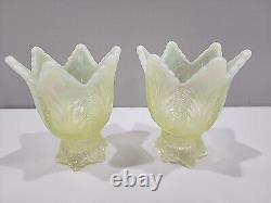 Fenton Topaz / Vaseline Opalescent Two Way Candle Holder Pair GLOW PERFECT