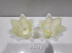 Fenton Topaz / Vaseline Opalescent Two Way Candle Holder Pair GLOW PERFECT