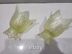 Fenton Topaz / Vaseline Opalescent Two Way Candle Holder Pair GLOW PERFECT