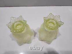 Fenton Topaz / Vaseline Opalescent Two Way Candle Holder Pair GLOW PERFECT