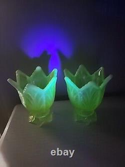 Fenton Topaz / Vaseline Opalescent Two Way Candle Holder Pair GLOW PERFECT