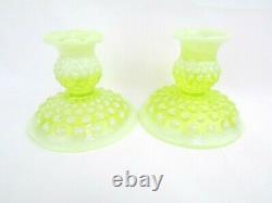 Fenton Vaseline Opalescent Hobnail Art Glass Topaz Candle Holders Older