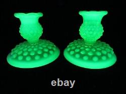 Fenton Vaseline Opalescent Hobnail Art Glass Topaz Candle Holders Older