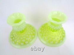 Fenton Vaseline Opalescent Hobnail Art Glass Topaz Candle Holders Older