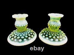 Fenton Vaseline Opalescent Hobnail Art Glass Topaz Candle Holders Older