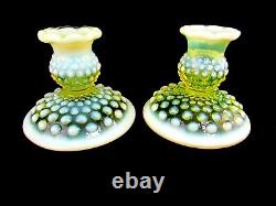 Fenton Vaseline Opalescent Hobnail Art Glass Topaz Candle Holders Older